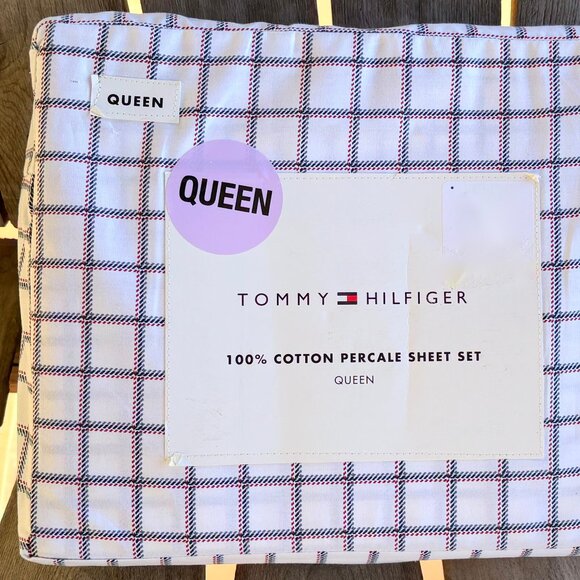 Tommy Hilfiger Queen Size 100% Crisp Cotton Percale Red Blue Plaid Sheet Set - Picture 1 of 4